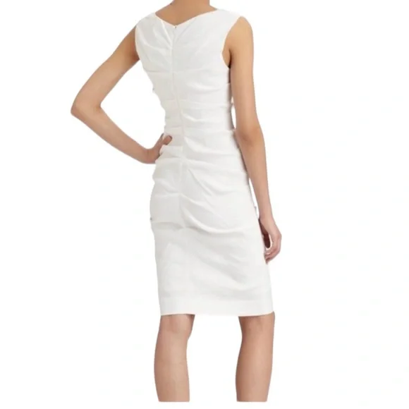 Nicole Miller Atelier White Linen sheath dress flattering ruching size 8